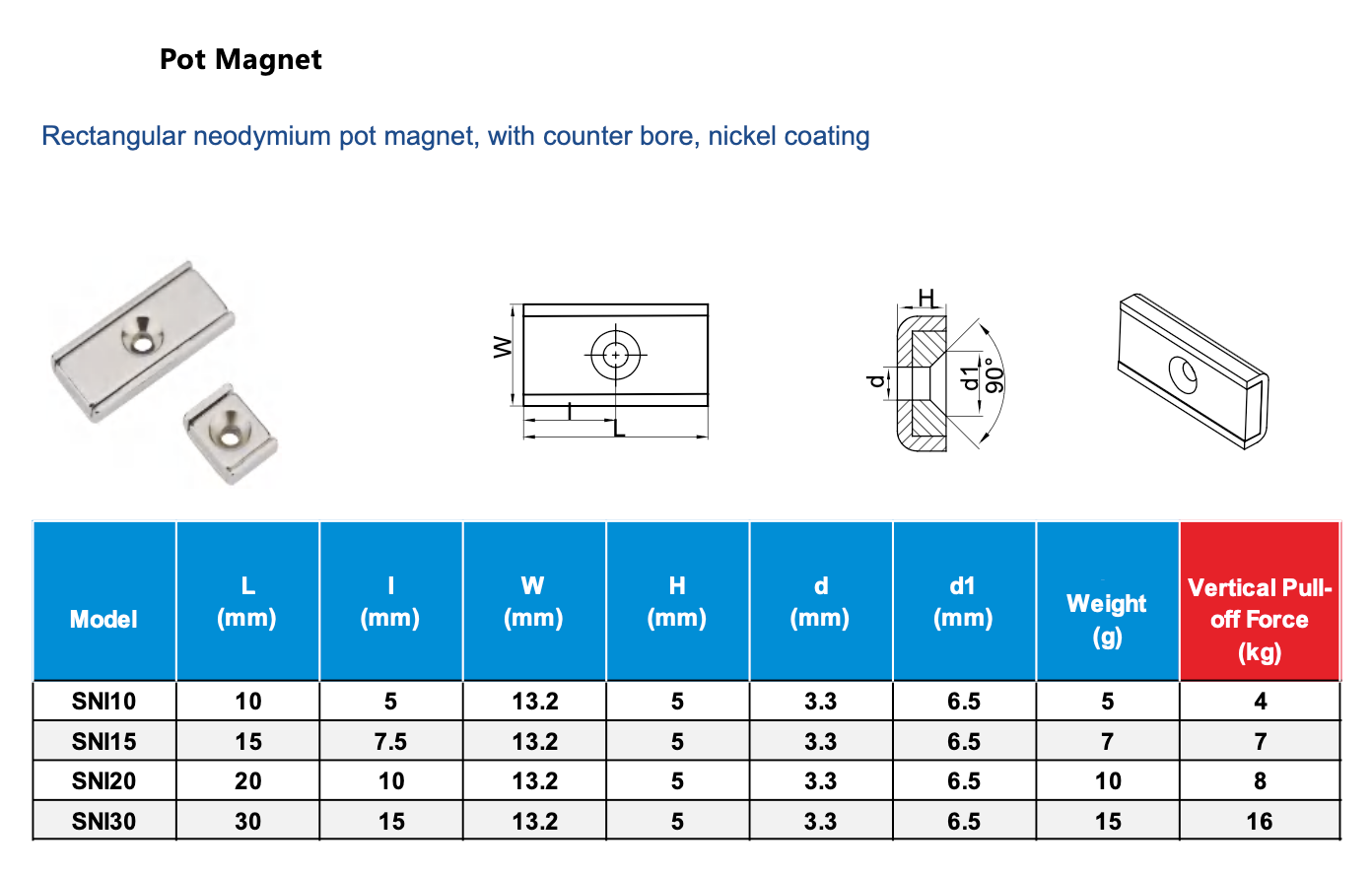 Rechthoekige Neodymium Potmagneet met Verzonken Gat – Nikkel Coating